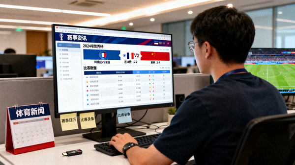 体育新闻编辑场景，屏幕上显示赛事资讯与比赛数据页面